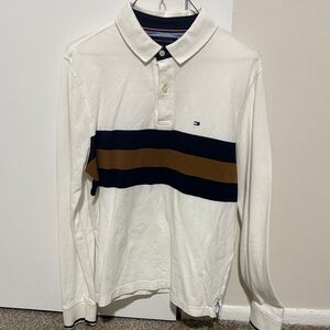 Tommy Hilfiger Men's White Shirt with Navy and Brown Stripes